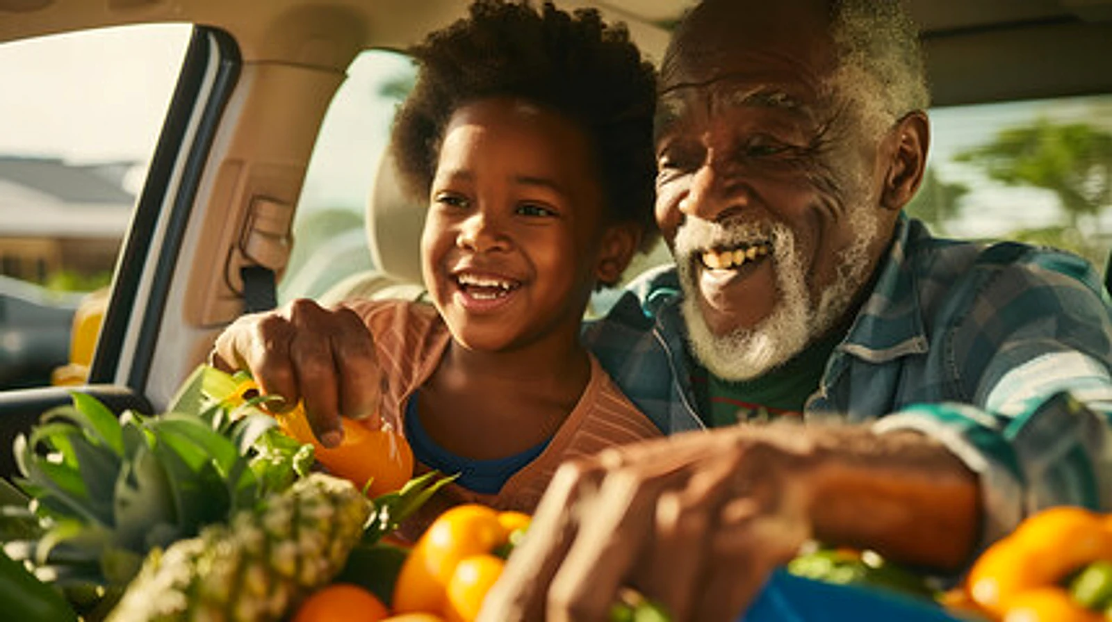Grandfather and granddaughter smiling with fresh produce after shopping