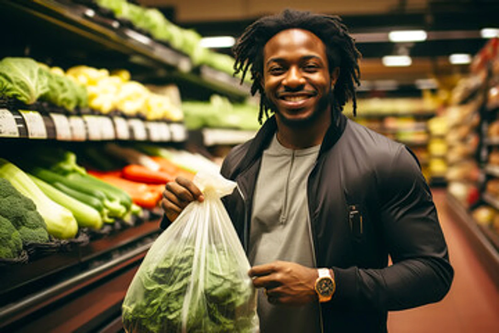 Customer holding a bag of fresh leafy greens in the produce aisle