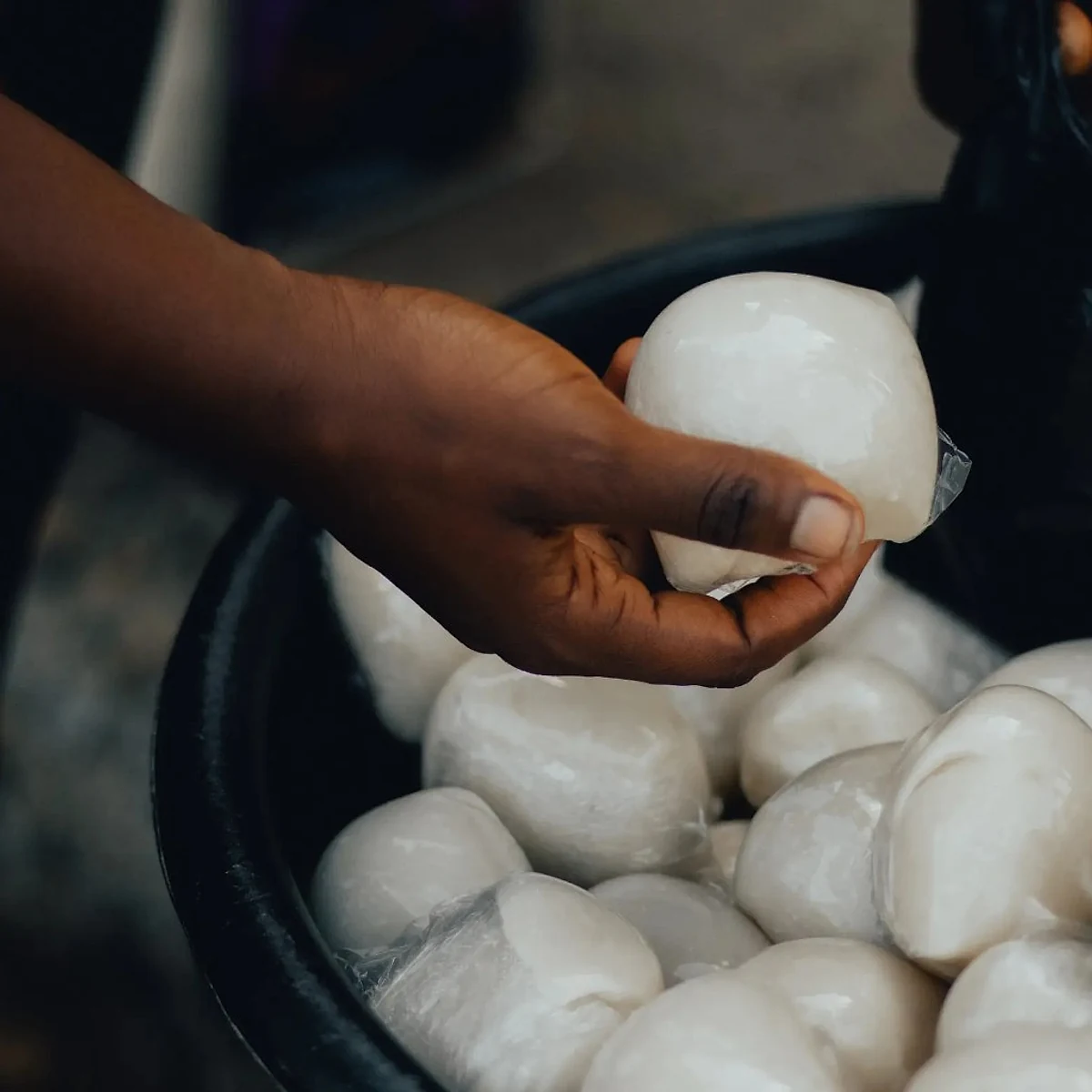 Freshly wrapped fufu balls ready for the shelf